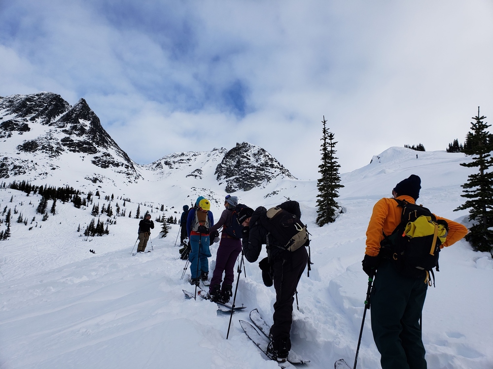 a group of students in an avalanche course climbing a mountain on skis