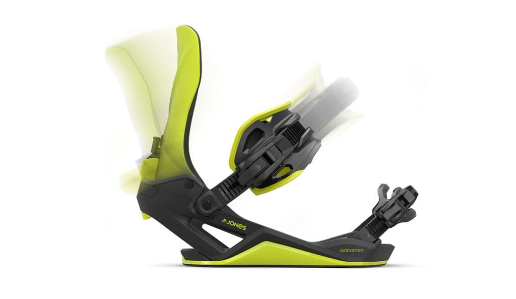 A studio shot of the Jones Mercury FASE snowboard bindings for 2025/2026