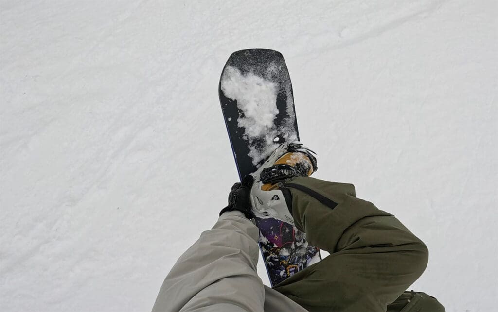 A first-person view of a method grab on the YES. Sender Xtrm Snowboard