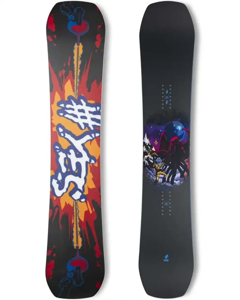 an image of both the front and back of the YES. Sender XTRM snowboard against a white backdrop.