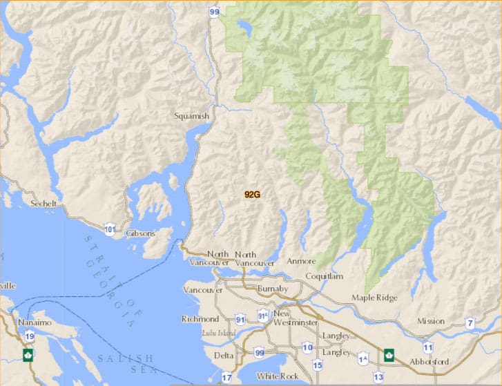 a map of the sea to sky and metro vancouver region around squamish, british columbia