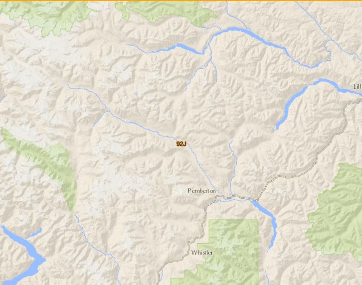 A map of the mountains surrounding Whistler and pemberton, british columbia