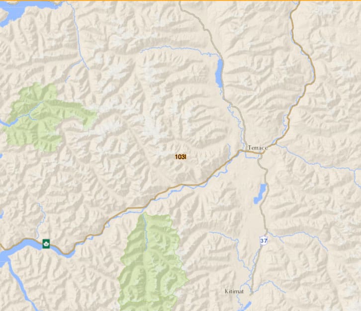 A map of the mountains around terrace bc