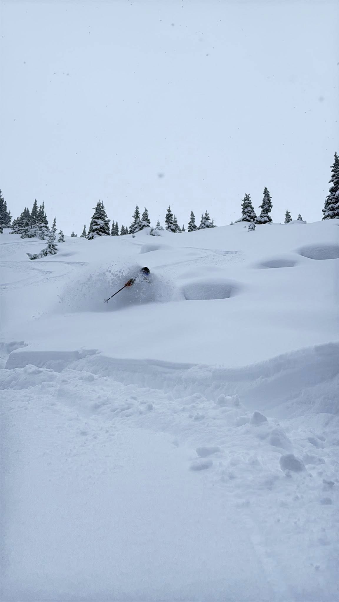 a skier gets a face shot of powder on Blackcomb Mountain in Whistler, British Columbia