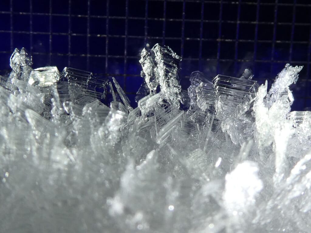 a macro image of surface hoar against a snow crystal screen