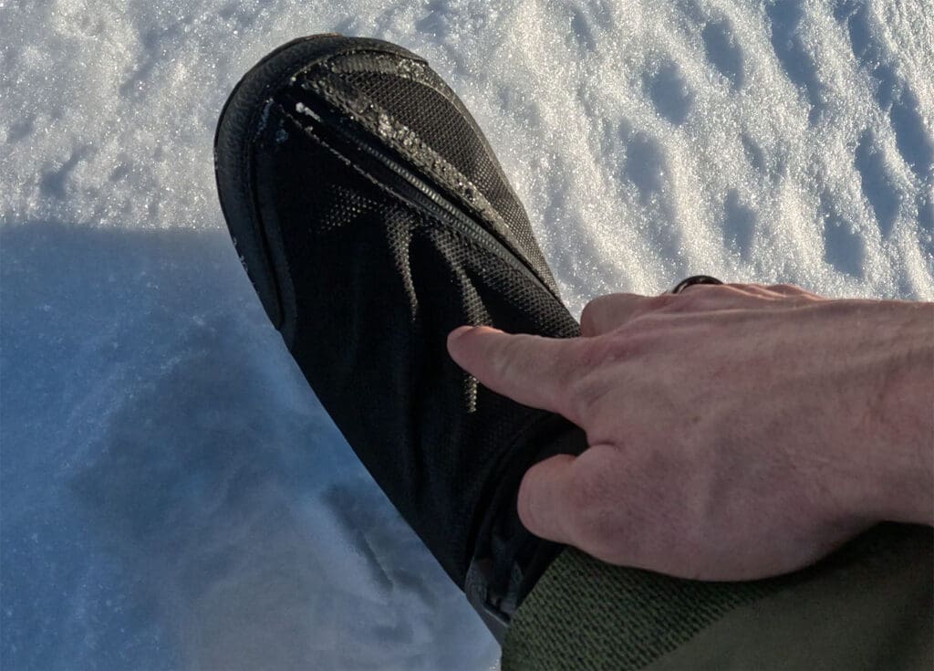 showing the lace protector on the jones mtb lite splitboard boots