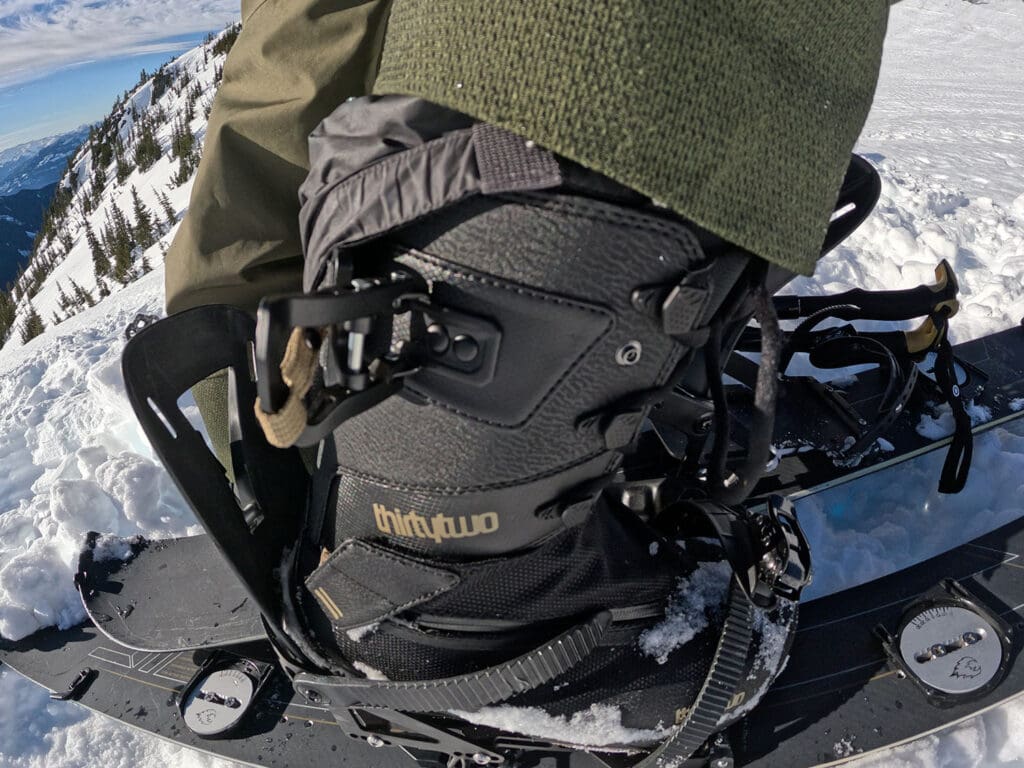 the walk mode engaged on the Jones MTB lite splitboarding boots