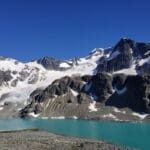 a view of wedgemount lake and glacier, looking southward in the summertime