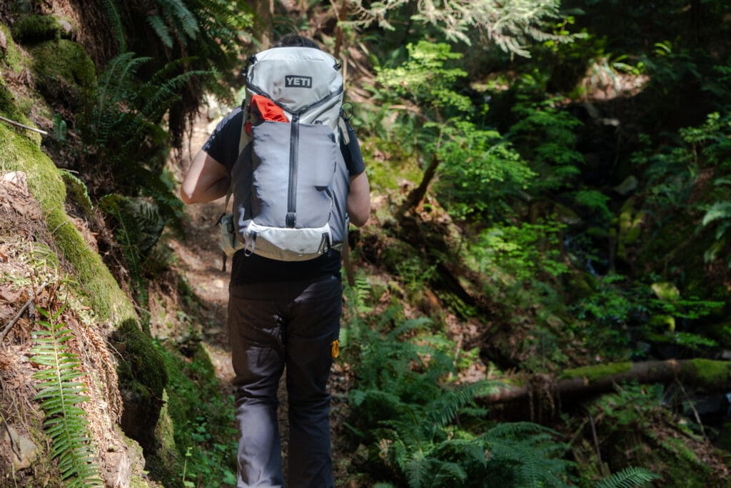 A hiker in hte forest with the yeti skala backpack