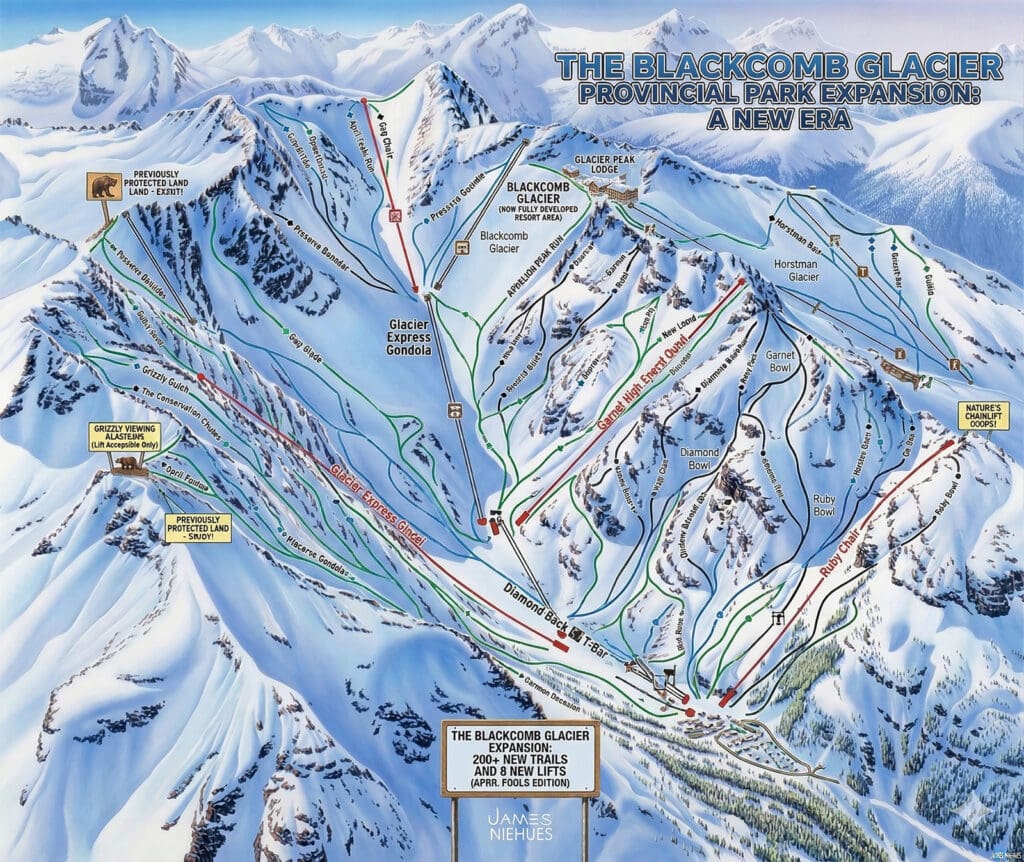 an april fools rendition of blackcomb glacier provincial park with a build out