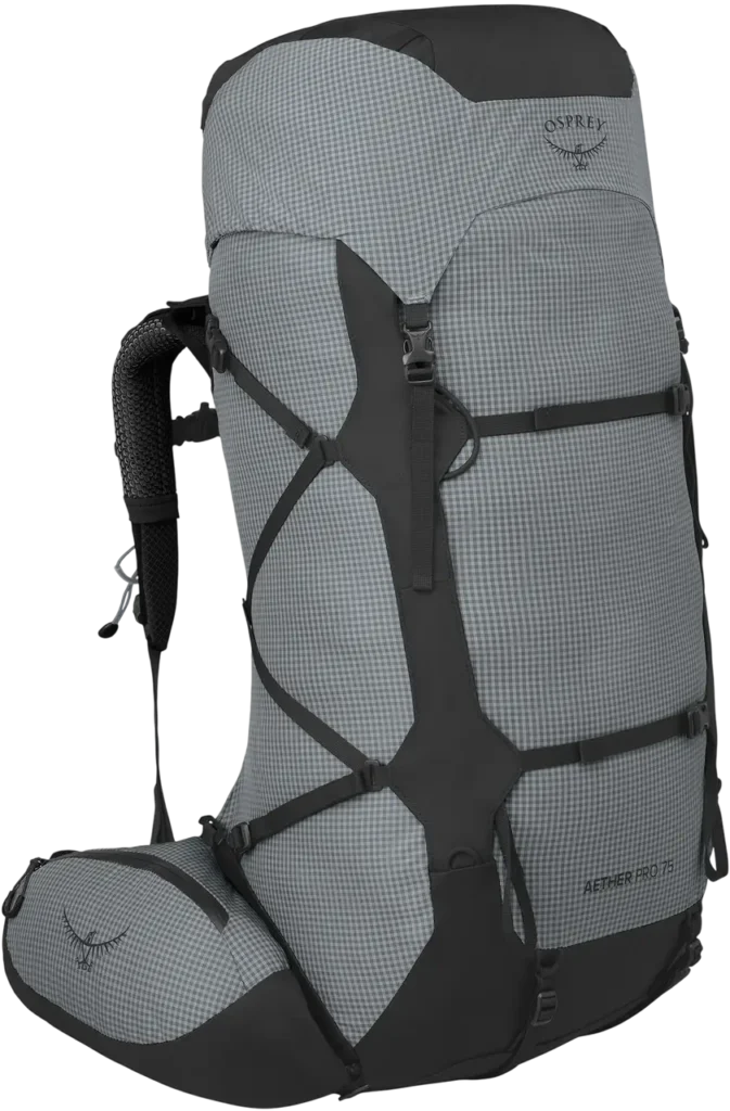 a studio image of the Osprey Aether Pro 75 hiking backpack