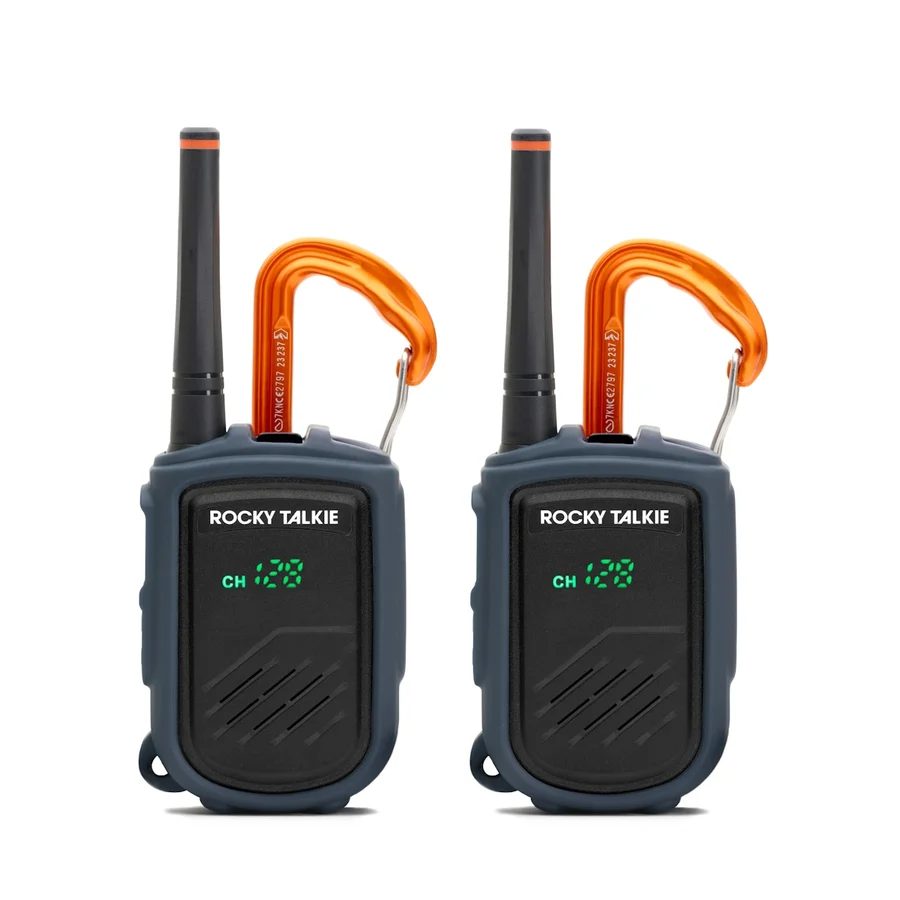 a studio image of a pair of the rocky talkie mountain radios with orange caribiner