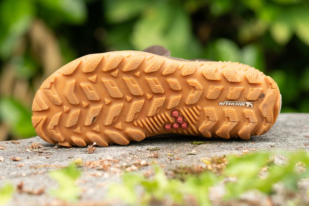 a close-up shot of the sole and tread on the vivobarefoot tracker forest esc hiking boots