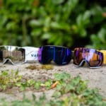 a lineup of snow goggles side by side for a review display