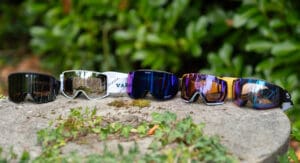 a lineup of snow goggles side by side for a review display