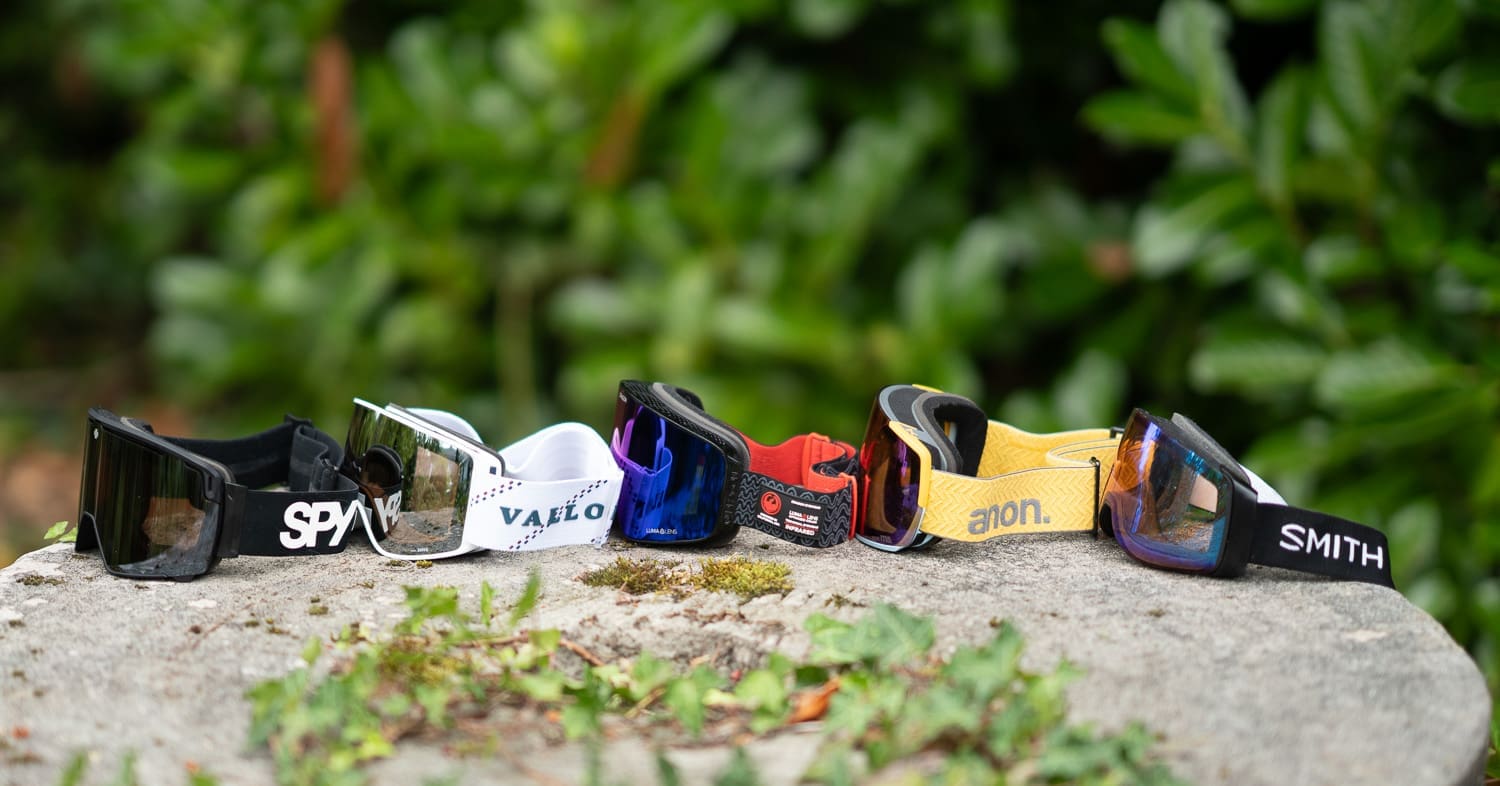 a lineup of snow goggles with a side view angle
