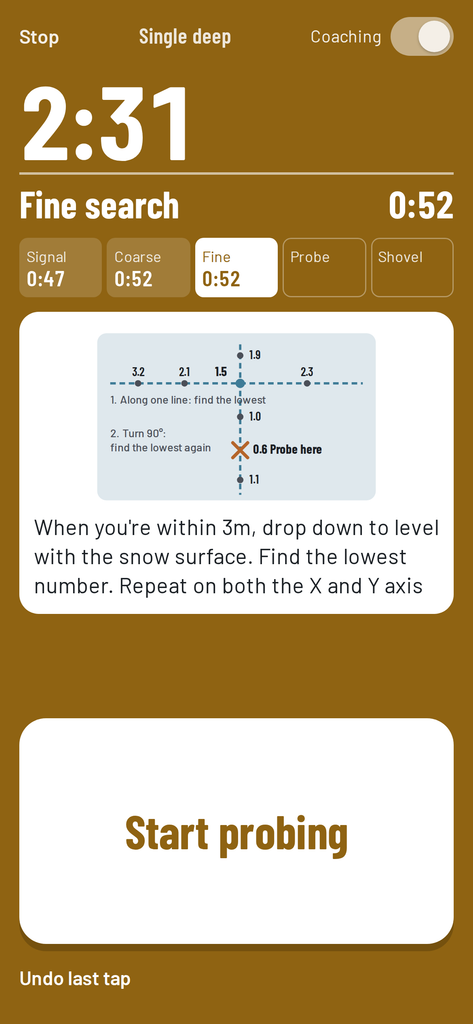 a screenshot of the beacon practice drills app that coaches people through the fine search and probing