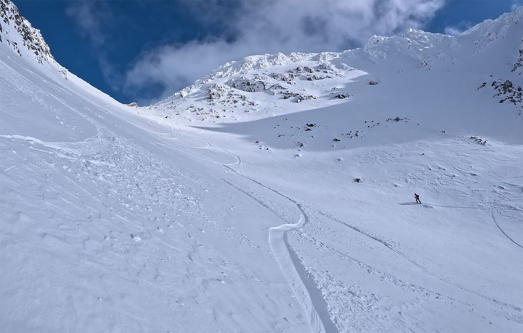 looking up at body bag bowl and disease ridge behind blackcomb peak