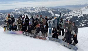 a group shot of the thirtytwo snowboard team testing snowboards